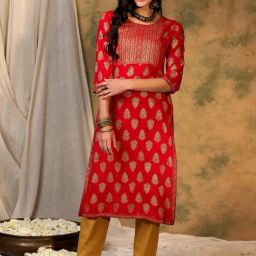 Indo Era Red Printed Straight Kurta-image-22