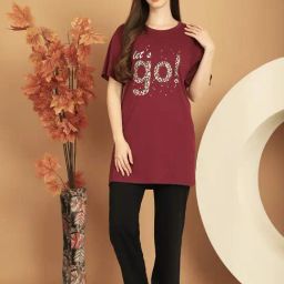 Kanvin Maroon & Black Cotton Printed Tunic Pyjamas Set-image-75