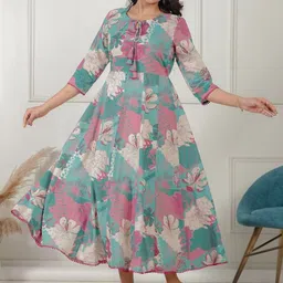 Aramya Floral Printed Tie-Up Neck Pure Cotton Anarkali Dresses-picture-3