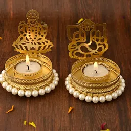 Aapno Rajasthan White & Gold-Toned 2 Pieces Laxmi Ganesh Metal Candle Holders-15