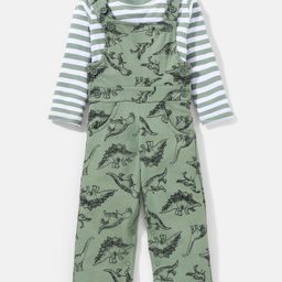 Babyhug 100% Cotton Dungaree With Full Sleeves Inner T-Shirt Dino Print & Striped - Green-image-43