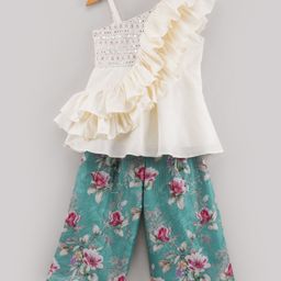 Twisha Sleeveless Ruffle And Mirror Work Embroidered One Shoulder Top With Floral And Checkered Palazzo - Off White-image-18