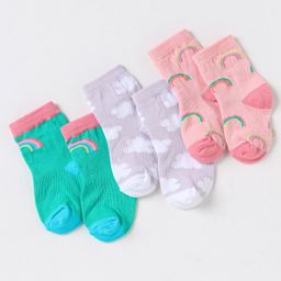 Cute Walk by Babyhug Non Terry Cotton Knit Ankle Length Anti Bacterial Socks Clouds & Rainbow Design Pack of 3 - Green Grey & Pink-image-38