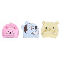 MOMISY 3 Piece Small Cartoon Design Baby Cotton Cap Cat Pink Mickey Blue Panda Light Yellow- Multicolour-picture-29