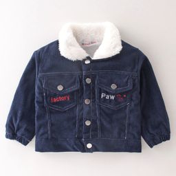Kookie Kids Full Sleeves Jacket With Fur Detailing & Text Embroidery - Blue-picture-4