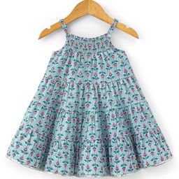 Babyhug Sleeveless Ethnic Dress With Smoking Design Floral Print - Grey-image-24