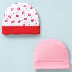 Ben Benny Cotton Baby Caps Strawberry Print & Solid Multicolour Pack of 2 - Diameter 9 cm-image-45