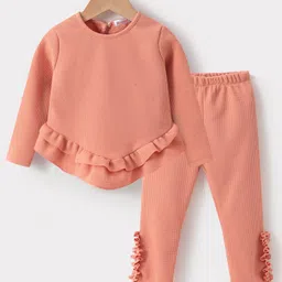 Kookie Kids Full Sleeves Top & Lounge Pants Set With Frill Detailing - Orange-picture-2
