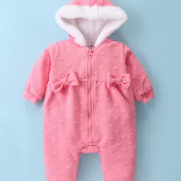 Kookie Kids Full Sleeves Winter Wear Hearts Designed Solid Color Romper Bow Applique - Pink-picture-3
