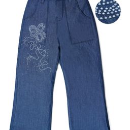 Nino Togs Girls Cotton Denim Rhinestone Embellished Flared Pant - Blue-image-84
