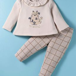 ToffyHouse Knit Full Sleeves Winter Wear Top & Lounge Pant Set With Kitty Print - Beige-image-69