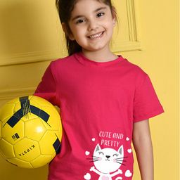 NUSYL Cotton Half Sleeves Cat & Text Printed Tee - Hot Pink-image-82