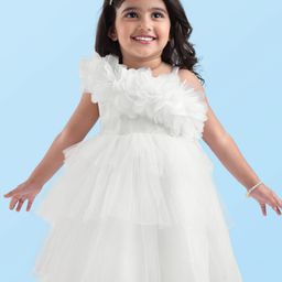 Babyhug Woven Sleeveless Party Frock With Floral Corsage & Ruffle Details - White-picture-23
