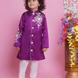 Little Bansi Mulberry Silk Full Sleeves Floral Embroidered Sherwani & Pyjama Set - Purple-image-17