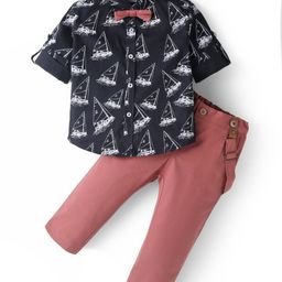 ToffyHouse Poplin Woven Full Sleeves Boat Printed Party Shirt & Trouser With Bow & Suspender - Black-image-37