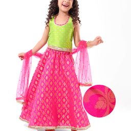 EARTHY TOUCH  Woven Sleeveless Foil Printed Halter Neck Choli with Brocade Lehenga Set with Dupatta - Green & Pink-image-61
