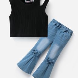 Kookie Kids Sleeveless Solid Colour Top & Denim Jeans Set With Bow Applique - Black & Blue-image-88