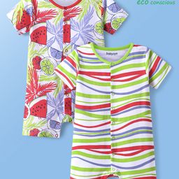 Babyoye 100% Cotton Knit Half Sleeves Eco Jiva Finish Rompers with Tropical Theme Print & Stripes Pack of 2 - Multicolor-image-46
