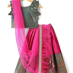 Babyhug Woven Frill Sleeves Brocade Lehenga Choli & Dupatta Set- Dark Pink-image-32