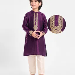 Earthy Touch Woven Full Sleeves GadhwalEmbroidered Kurta Pyjama Set - Plum-picture-6