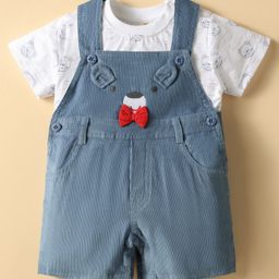 ToffyHouse Cotton Knit Half Sleeves T-Shirt & Dungaree with Bear Print & Applique - White & Blue-image-98