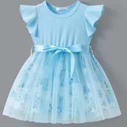 Mark & Mia Half Frill Sleeves Frock with Mesh & Floral Print - Light Blue-image-79