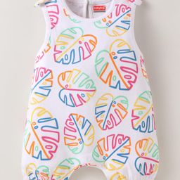 Babyhug 100% Cotton Knit Sleeveless Tropical Theme Printed Romper with Bow Applique - White-image-24
