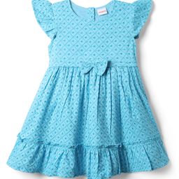 Babyhug Rayon Woven Knit Frill Sleeves Schifilli Frock with Bow Applique - Light Blue-image-89