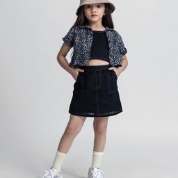 Taffykids Cotton Blend Half Sleeves Animal Printed Shirt Style Top Skirt With Inner Set - Grey & Black-image-41