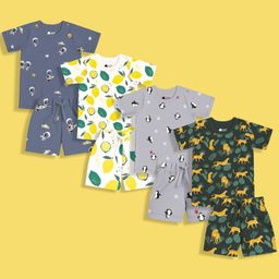Orange Sugar 100% Cotton Knit Pack Of 4 Half Sleeves Space Theme & Animals Printed Coordinating Tees & Shorts Set - Multi Colour-image-59