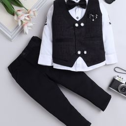 Fourfolds Full Sleeves Typography Printed Shirt With Embroidered Waistcoat Trousers & Bow Set - Black-image-4