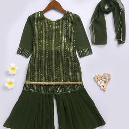 JBN Creation Georgette Three Fourth Sleeves Threadwork Embroidered Sequins & Lace Embellished Kurta Sharara With Dupatta Set - Olive Green-image-14