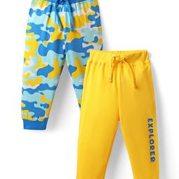 Babyhug Single Jersey Knit Full Length Text & Camouflage Printed Lounge Pants Pack of 2 - Yellow & Blue-image-90