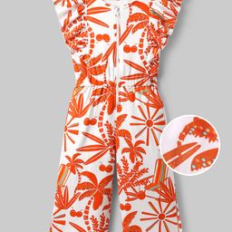 OLLINGTON ST. Looper Knit Frill Sleeves Jumpsuit With Tropical Print - Orange & White-image-97