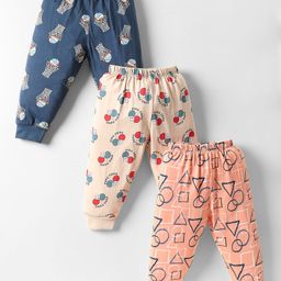 CUCUMBER Cotton Knit Full Length Sports Theme Printed Leggings Pack of 3 - Navy Blue Peach & Ivory-image-19