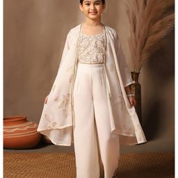 Fashion Dream Georgette Knit Floral Embroidered Sequins Embellished Crop Top & Palazzo With Three Fourth Sleeves Shrug Set - Off White-picture-20