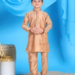 Pehanaava Cotton Woven Full Sleeves Placket Striped Embroidered Kurta Pyjama Set - Gold-picture-2
