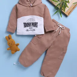 TOONYPORT Cotton Blend Knit Full Sleeves Color Blocked Hoodie With Trouser Set - Brown-picture-9