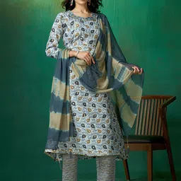 DIVASTRI Women Floral Printed Regular Gotta Patti Pure Cotton Kurta with Trousers & With Dupatta-image-44