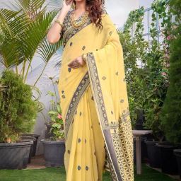 Satrani Yellow Woven Saree With Unstitched Blouse-image-16
