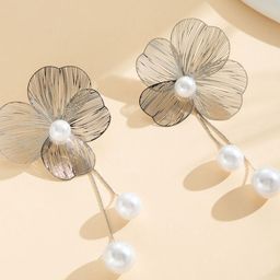 DIVASTRI Silver Plated Pearls Beaded Floral Korean Drop Earrings-5