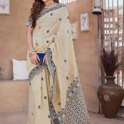 Satrani Beige Woven Saree With Unstitched Blouse-image-99