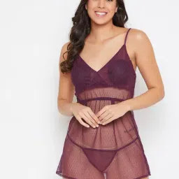 Clovia Purple Self Design Babydoll With Thong-image-18