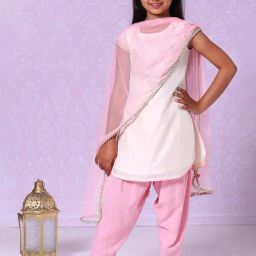BIBA Girls Pink and White Embroidered Kurta, Pajama and Dupatta-image-21