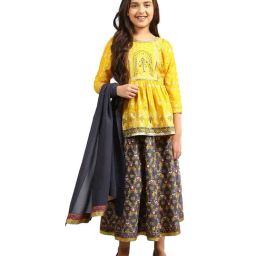 Aurelia Kids Yellow & Navy Printed Top, Skirt with Dupatta-image-67