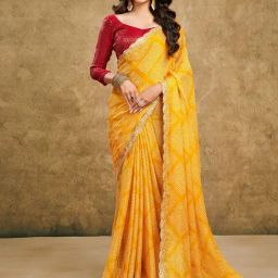 Satrani Yellow Chiffon Printed Saree With Unstitched Blouse-28