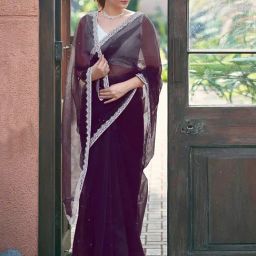 Satrani Wine Net Solid Saree With Unstitched Blouse image 5