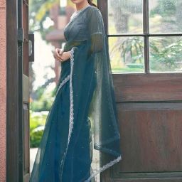 Satrani Blue Net Solid Saree With Unstitched Blouse image 4