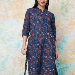 Melange By Lifestyle Indigo Cotton Regular Fit Printed Kurtas-image-86
