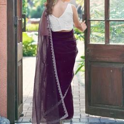 Satrani Wine Net Solid Saree With Unstitched Blouse image 2